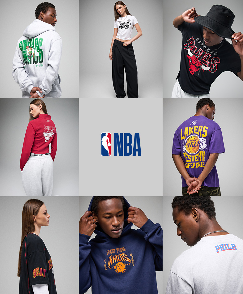 Na szarym tle widoczne są osoby w ubraniach z kolekcji NBA; pośrodku znajduje się logo NBA. Grafika zawiera linki do odpowiadających kategorii produktowych. banner