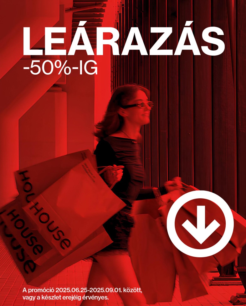 A piros háttéren látható a LEÁRAZÁS -50%-IG szöveg fehér színben a House logójával. A háttérben egy nő szemüveggel, aki tartja a táskákat a House logójával. Az alján lefelé mutató nyíl található. A gombok Nőknek és Férfiaknak a női és férfi termékkategóriákhoz vezetnek. banner