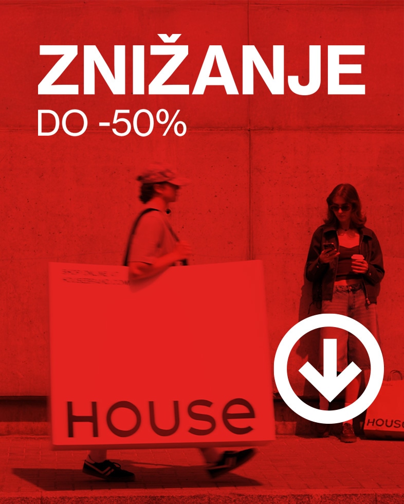 Na rdeči podlagi je prikazan tekst SNIŽENJE DO -50% v beli barvi z logotipom House. V ozadju oseba nosi veliko torbo z logotipom House, druga oseba pa stoji in drži telefon. Na dnu zaslona je puščica, ki kaže navzdol. Gumbi Nekaterim in Za moške vodijo do kategorij izdelkov za ženske in moške. banner