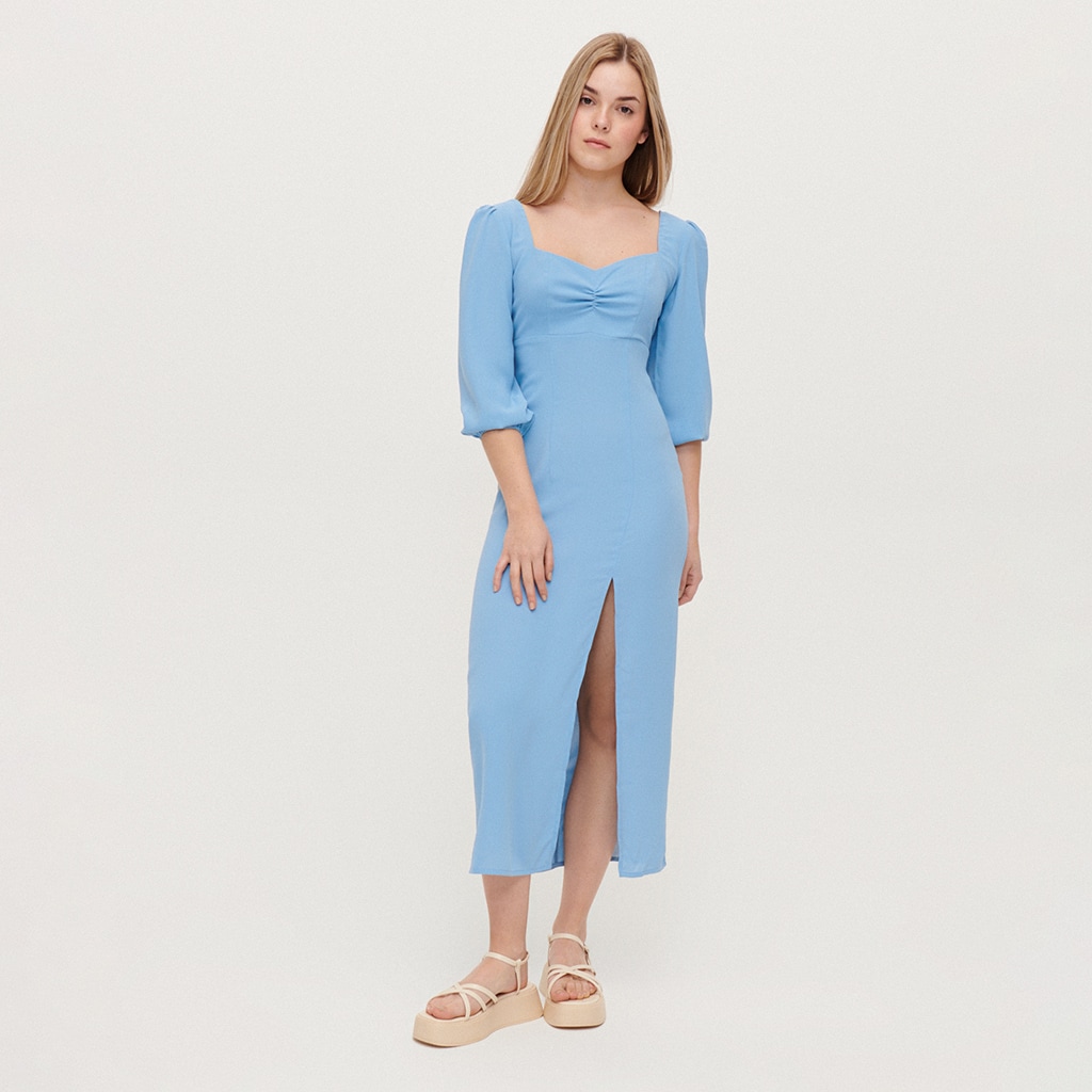 House - rochie midi cu mâneci bufante - albastru