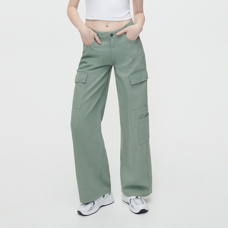 House - Pantaloni wide leg cu buzunare cargo - Verde