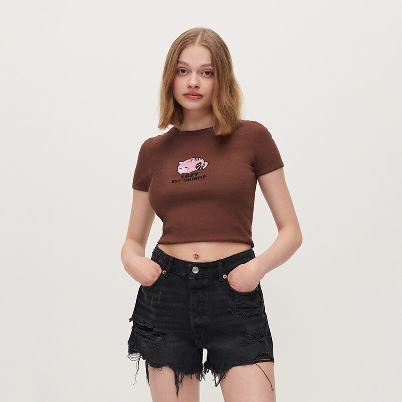 House - tricou scurt cu broderie lazy but talented - roșu