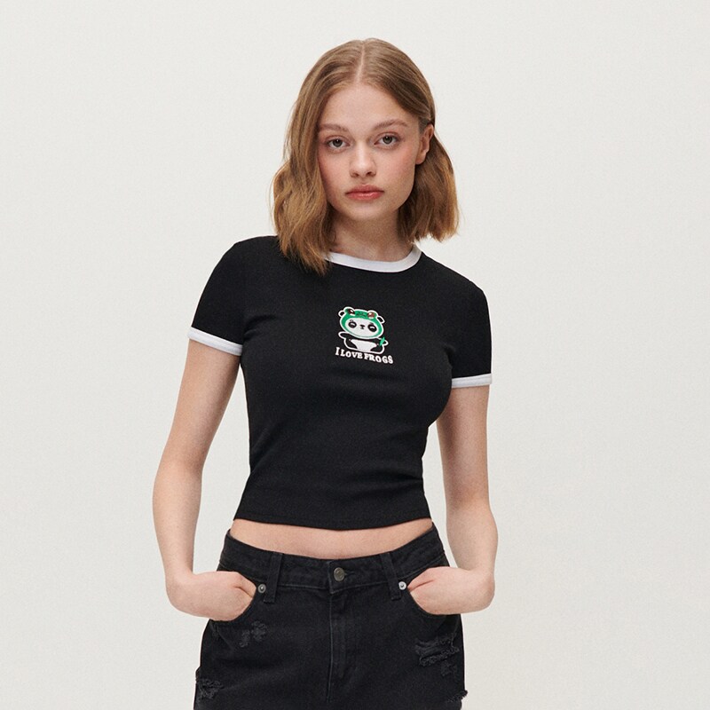 House - tricou scurt cu broderie i love frogs - negru