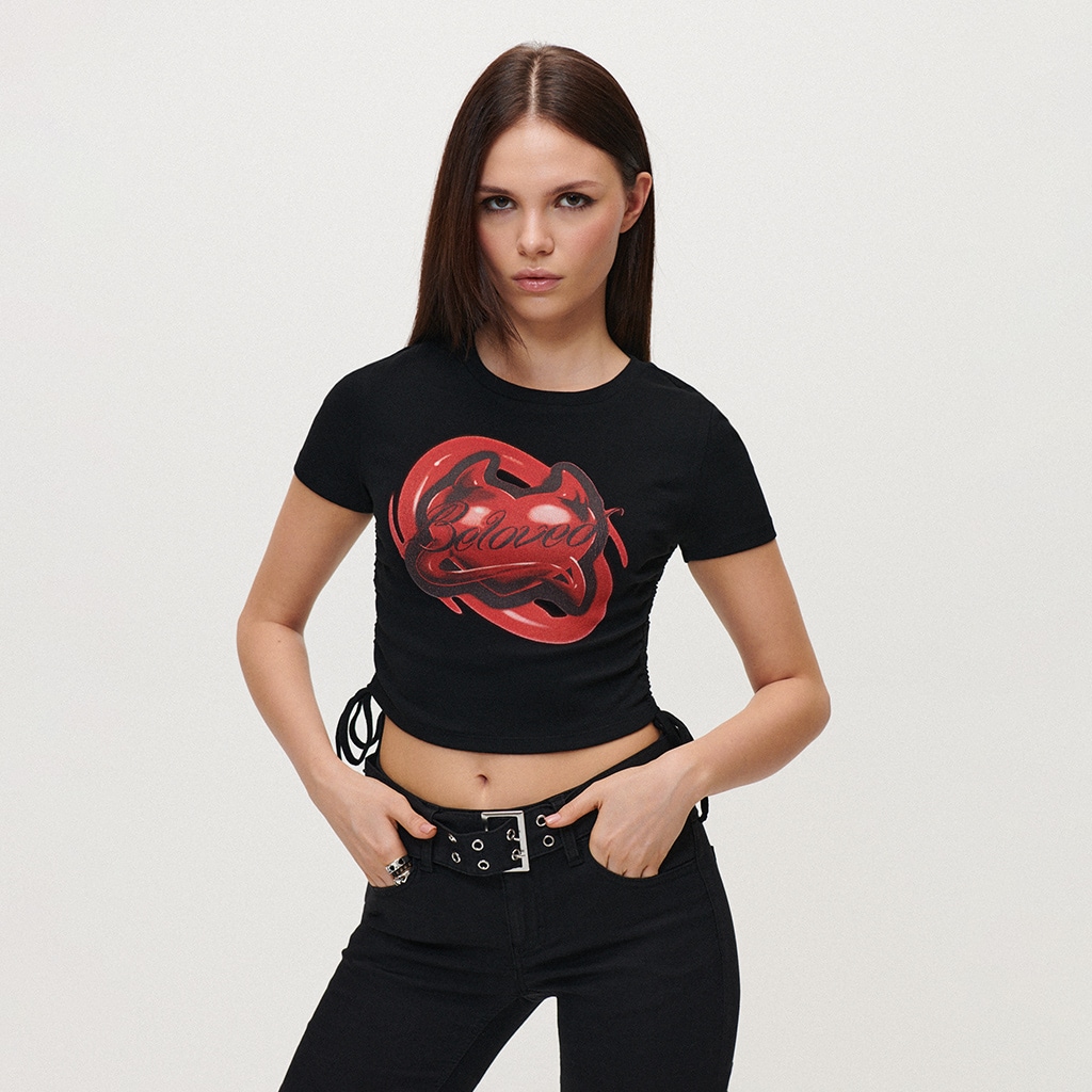 House - top scurt cu imprimeu - negru