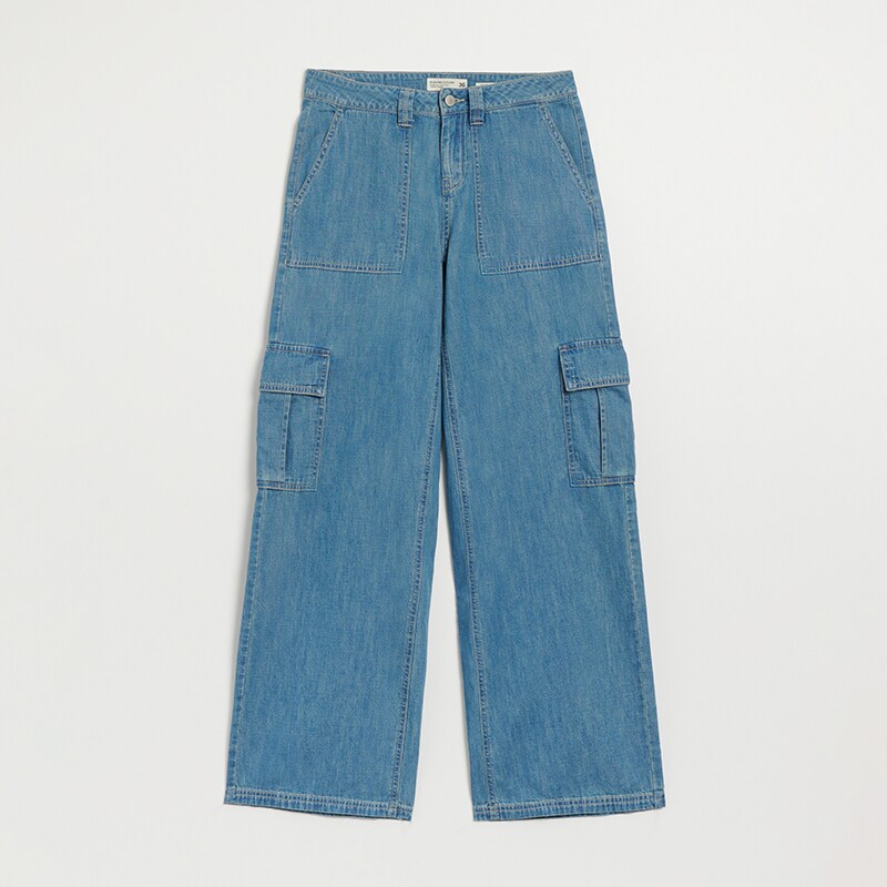 House - blugi wide leg cu buzunare cargo - albastru