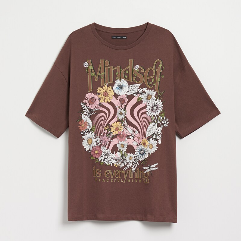 House - tricou oversize cu imprimeu mindset - maro