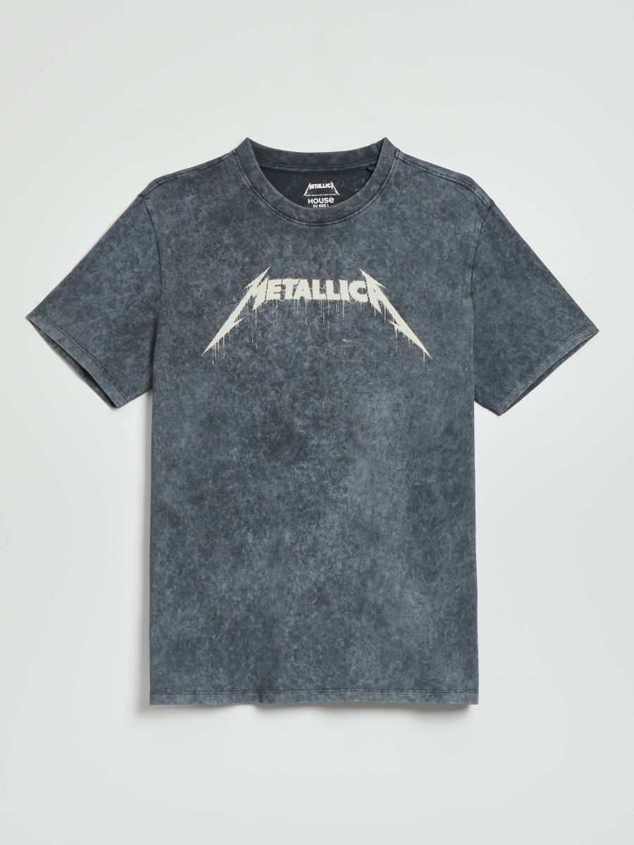 Szara koszulka z efektem acid wash i nadrukiem Metallica - ciemnoszary - HOUSE