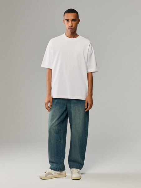 Granatowe jeansy barrel fit z regulacją
