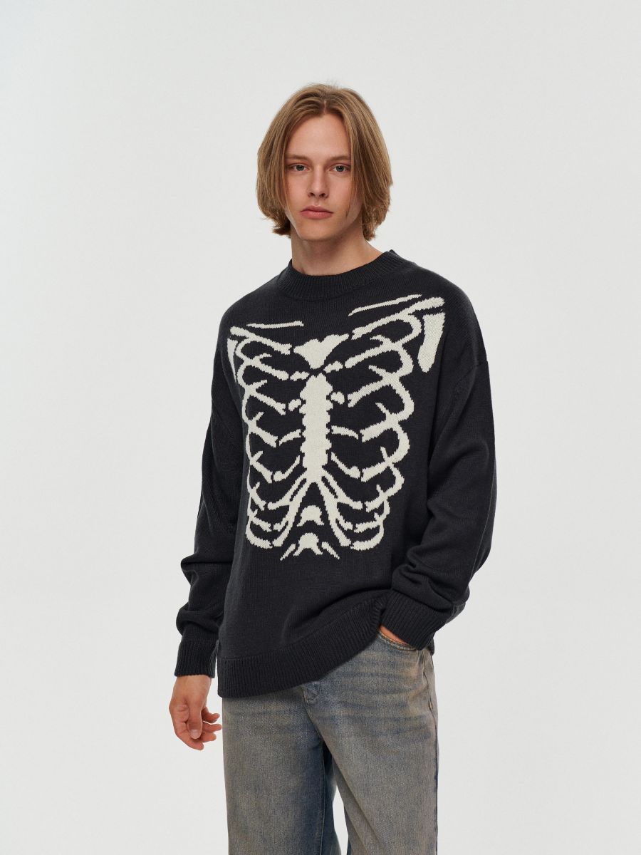 Czarny sweter ze szkieletem klatki piersiowej - czarny - HOUSE