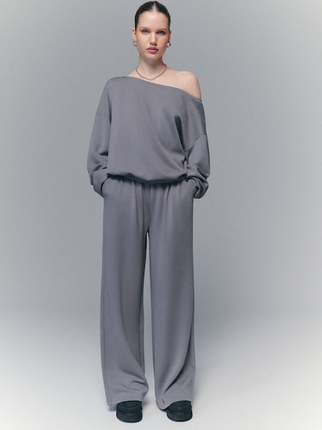 Spodnie dresowe wide leg z regulowanymi nogawkami i modalem basic grafitowe