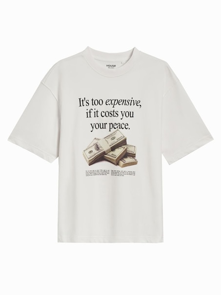 Biała koszulka z nadrukiem It's too expensive if it costs you your peace