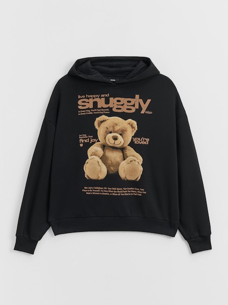 Czarna bluza z kapturem i nadrukiem misia