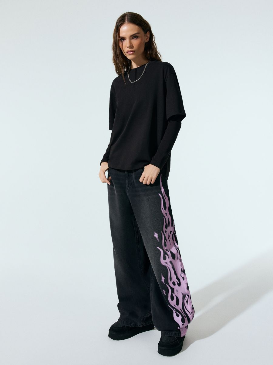 Czarne jeansy baggy z nadrukiem typu tribal - czarny - HOUSE