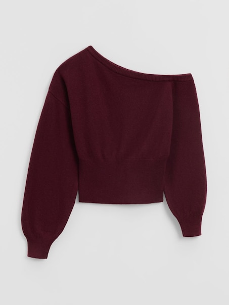 Bordowy wełniany sweter na jedno ramię