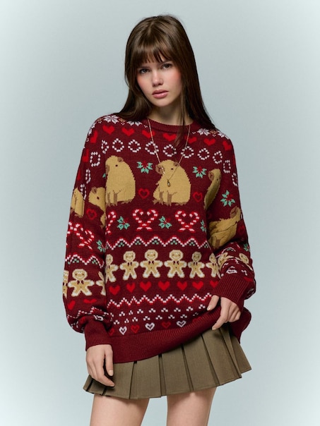 Świąteczny bordowy sweter z motywem kapibar