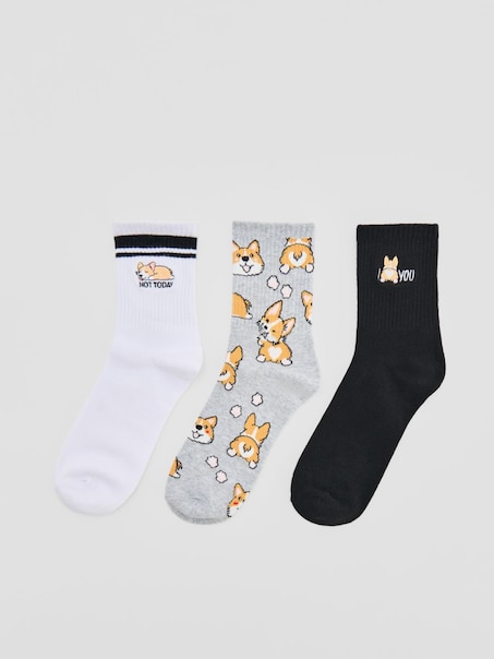 Długie skarpetki z motywem psa rasy corgi 3-pak