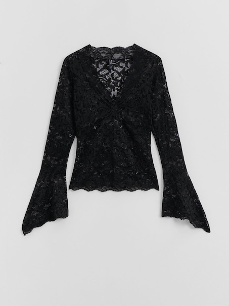 Koronkowa bluzka z rozkloszowanymi rękawami czarna