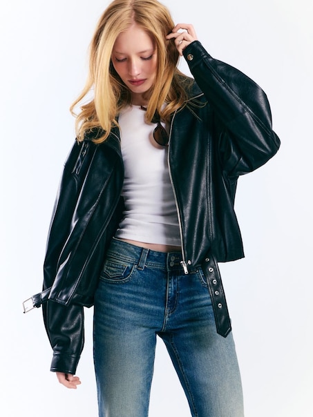 Czarna kurtka bomber ze sztucznej skóry z wysoką stójką