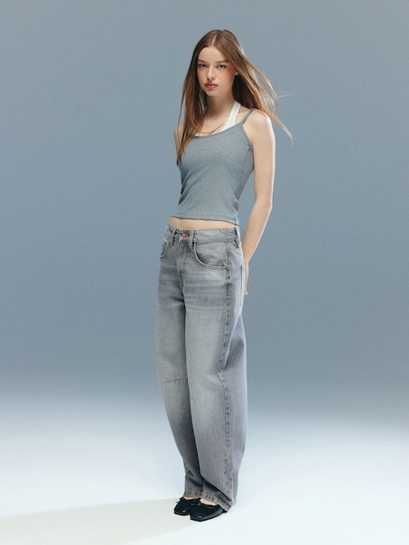 Jasnoszare jeansy baggy barrel fit z regulacją na tyle