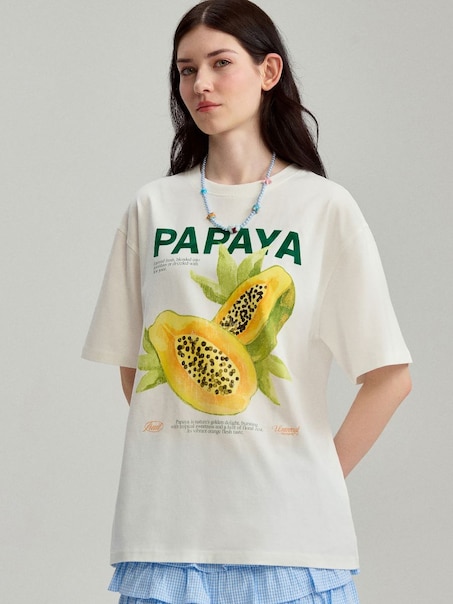 Luźna koszulka z nadrukiem Papaya kremowa