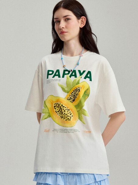 Luźna koszulka z nadrukiem Papaya kremowa