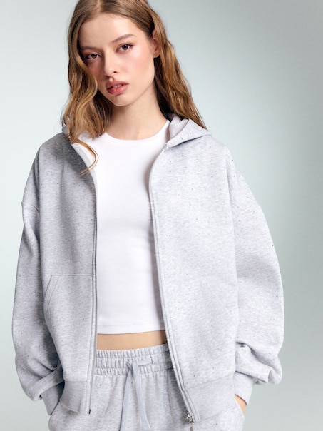 Rozpinana bluza z kapturem i dżetami jasnoszara