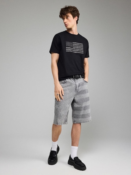 Jasnoszare szorty jeansowe baggy z motywem flagi USA