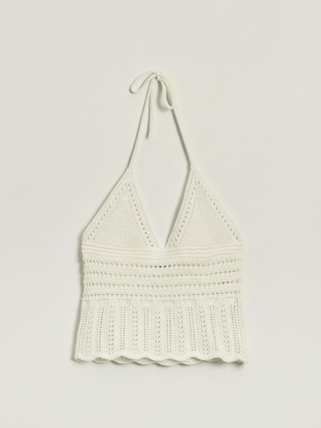 Krótki top z wiązaniem crochet kremowy