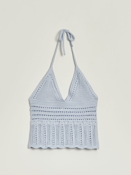 Krótki top z wiązaniem crochet błękitny