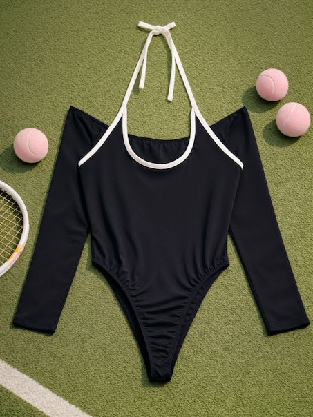 Czarne body z długim rękawem i wiązaniem na szyji