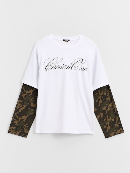 Biała koszulka z podwójnym rękawem i napisem Chosen One