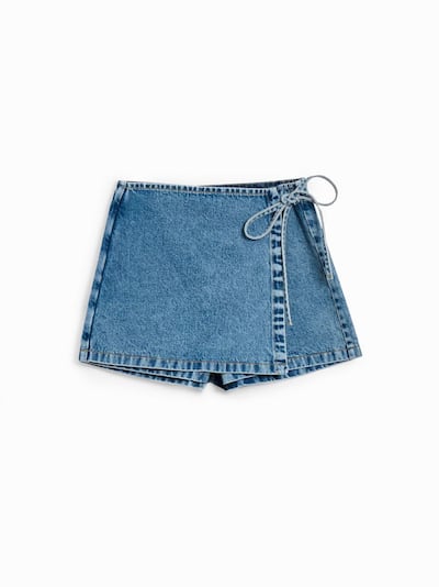Jeansowe spódnico-spodenki z zakładką granatowe