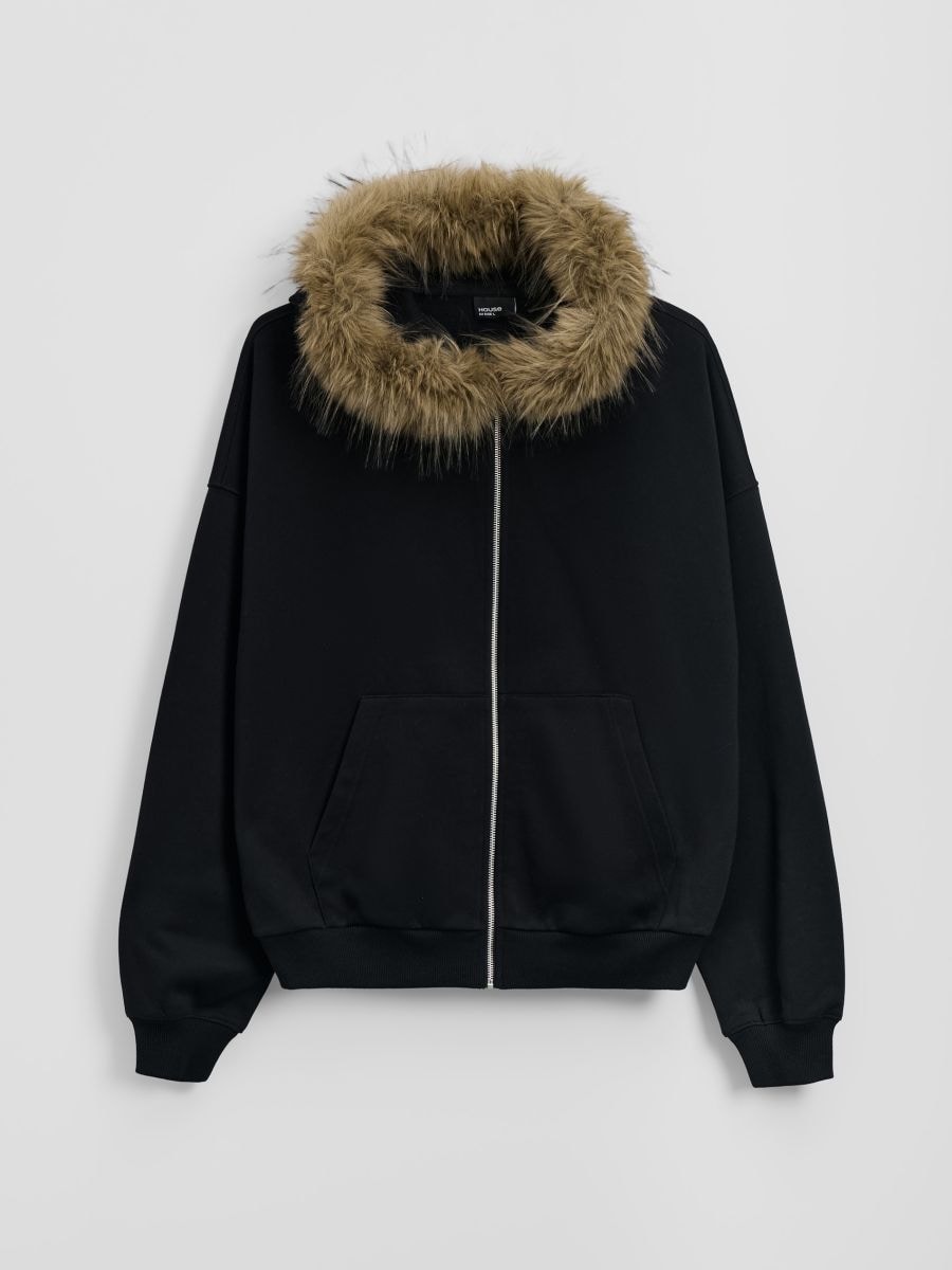 Czarna bluza oversize cropped z kapturem i odpinanym futerkiem - czarny - HOUSE
