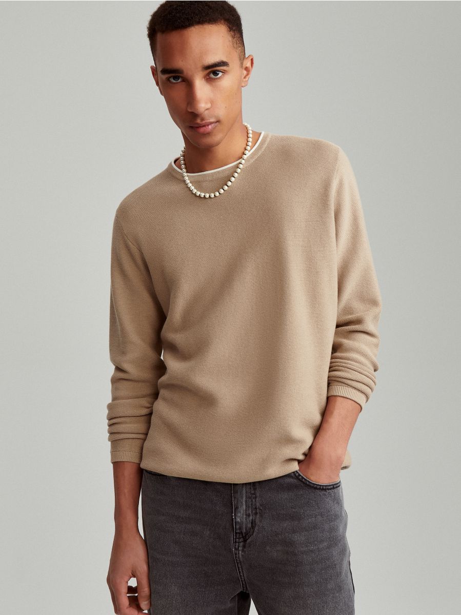 Bawełniany sweter z okrągłym dekoltem piaskowy - beżowy - HOUSE