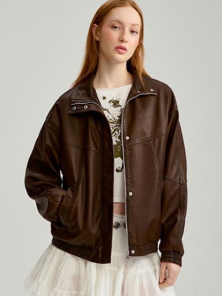 Brązowa kurtka bomber dad fit oversize z efektem sprania