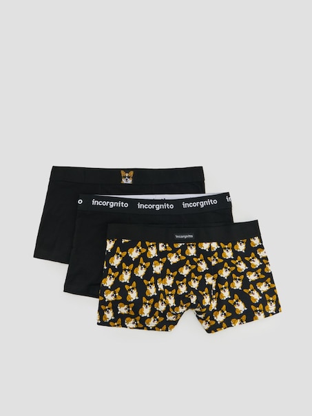 Czarne bokserki z motywem psa rasy corgi 3-pak