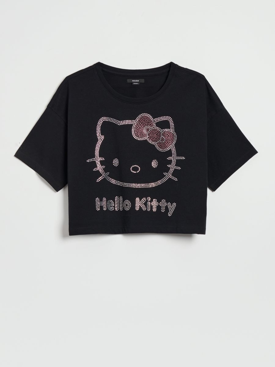 Czarny crop top z krótkim rękawem i motywem Hello Kitty - czarny - HOUSE