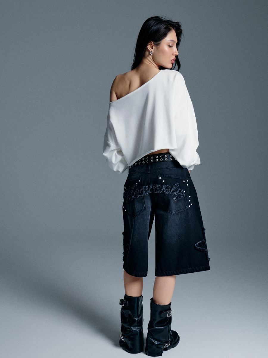 Jeansowe szorty bermudy z naszywkami i cyrkoniami - czarny - HOUSE