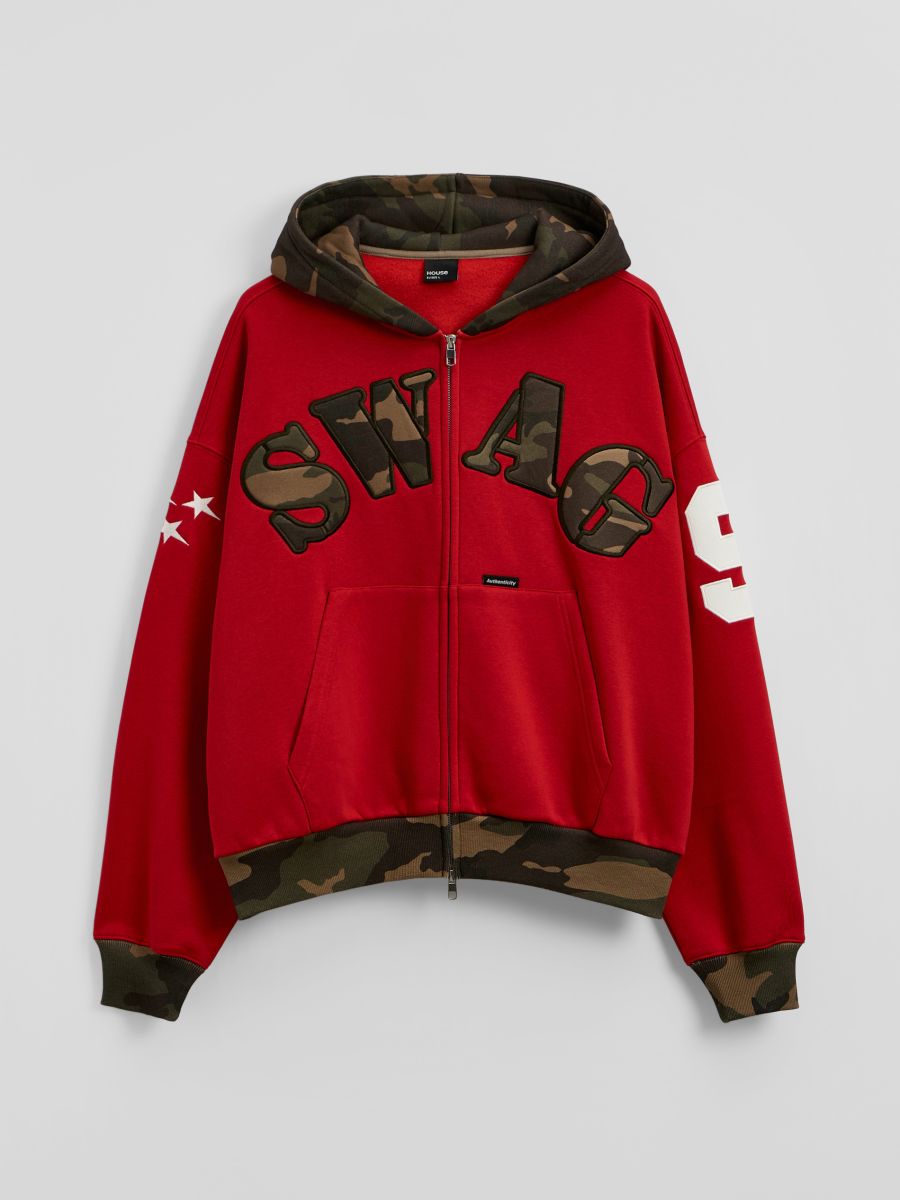 Czerwona rozpinana bluza z kapturem z napisem SWAG - czerwony - HOUSE