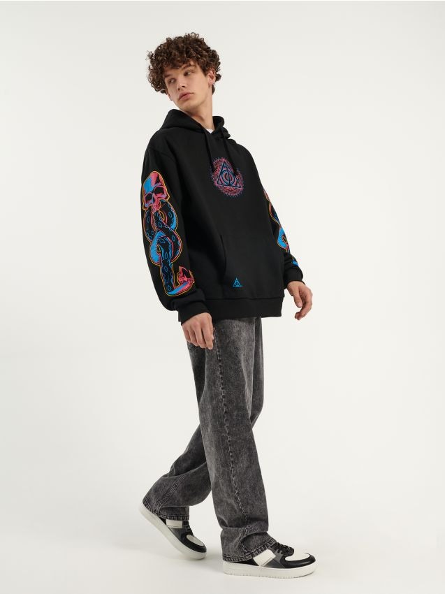 Zara Bluza z kapturem kremowy-czarny Nadruk z motywem W stylu casual Moda Dresy Bluzy z kapturem 