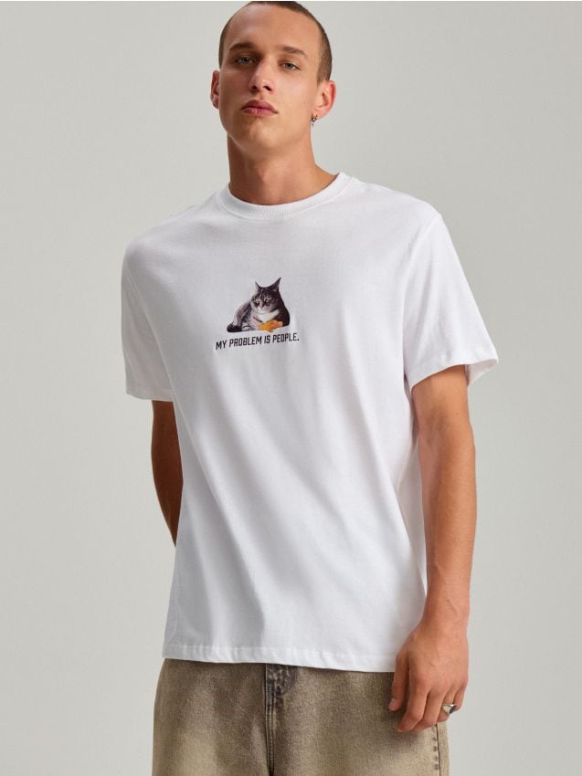 a*.様 【美品】House on the Hill S/S Tee 80 Biała luźna koszulka z nadrukiem kota - HOUSE - 191AG-00X