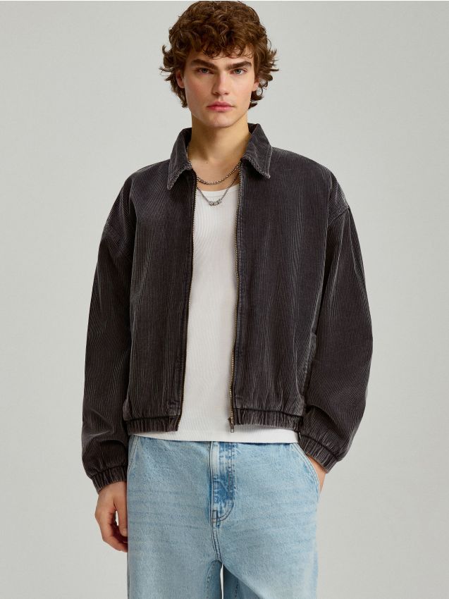 Grafitowa sztruksowa kurtka bomber dad fit - HOUSE - 361FG-90X