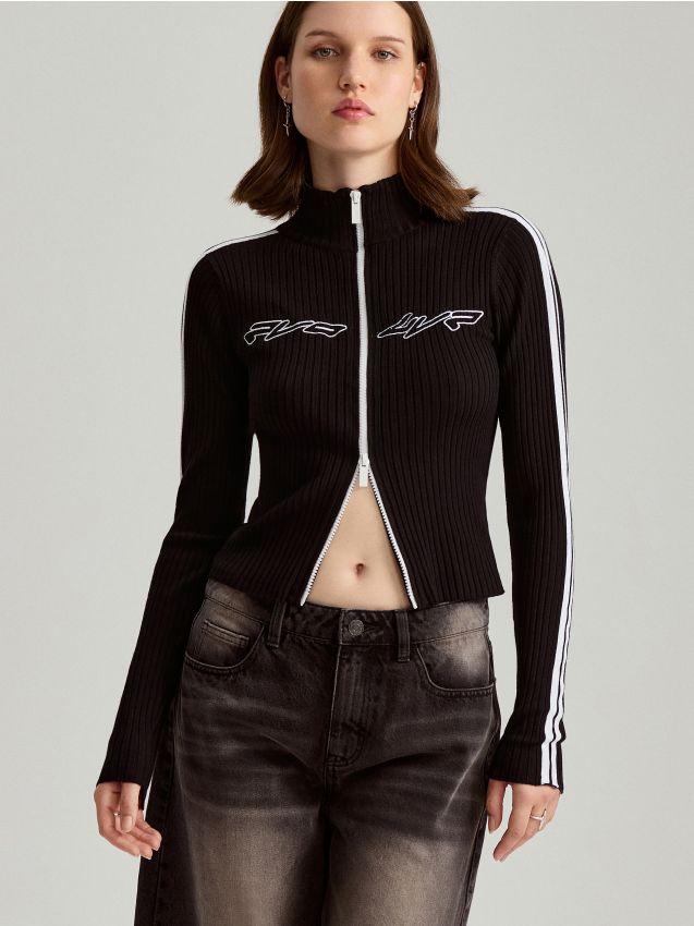 Prążkowany sweter zapinany na zamek czarny - HOUSE - 488BX-99X