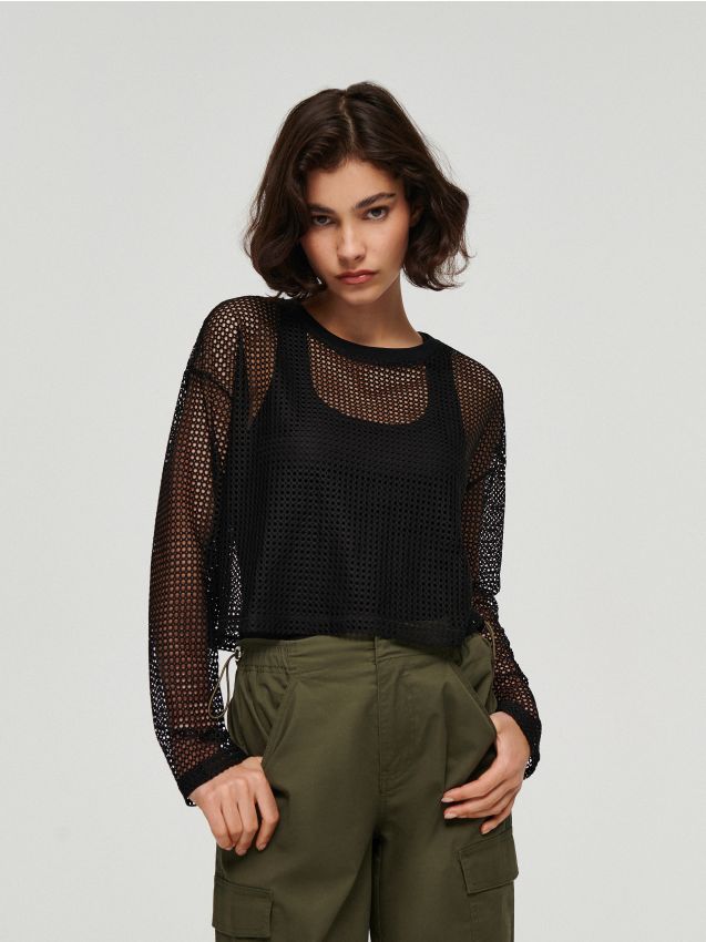 Ażurowa bluzka z długim rękawem czarna - HOUSE - 5223I-99X