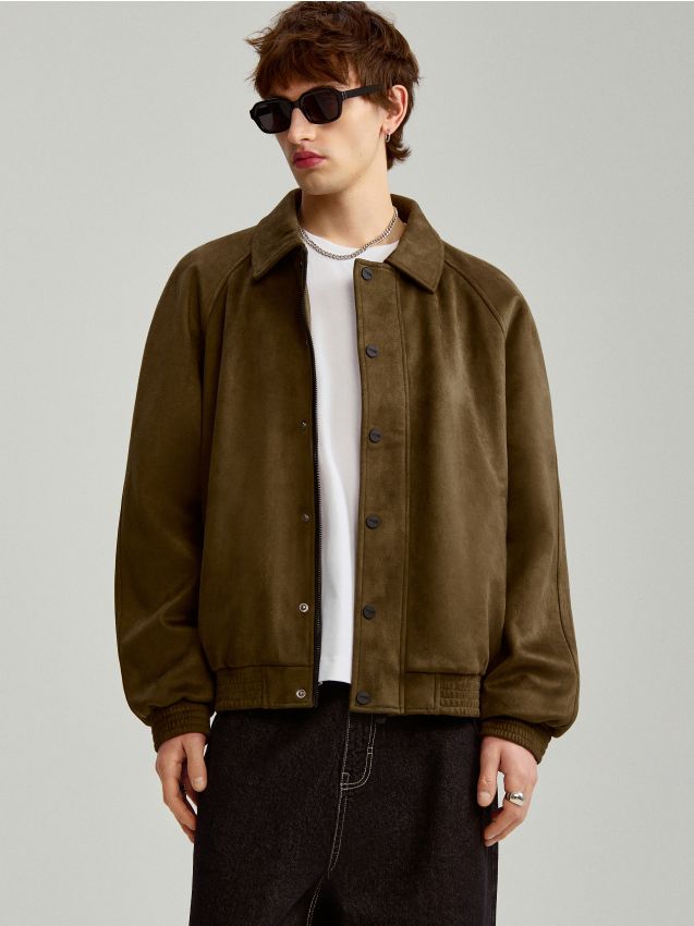 Brązowa kurtka bomber dad fit z imitacj zamszu