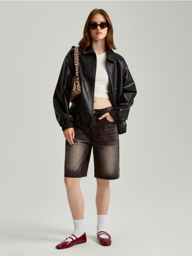 【R&B】Dejah Czarna kurtka bomber dad fit z imitacji skóry - HOUSE