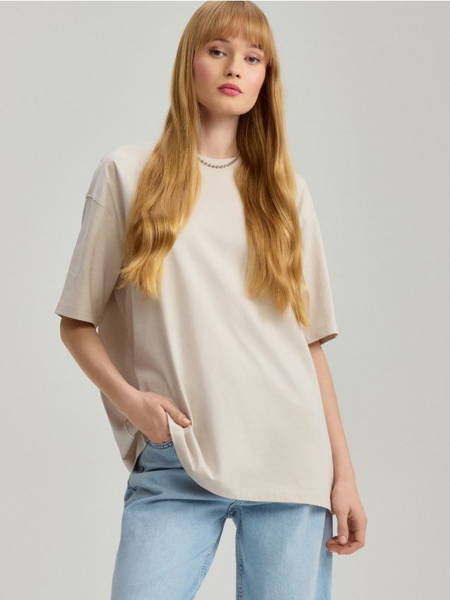 Piaskowa koszulka oversize basic - HOUSE - 617DU-08X