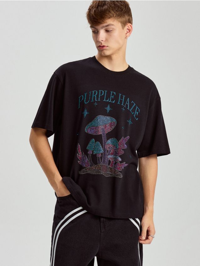め*め様 house on the hill S/S Tee 90cm Czarna luźna koszulka z aplikacją z dżetów - HOUSE - 634CA-99X