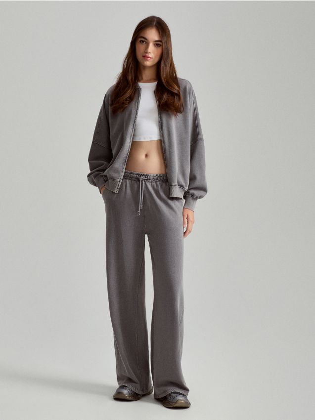 Spodnie dresowe wide leg z efektem sprania - HOUSE - 671BW-90X