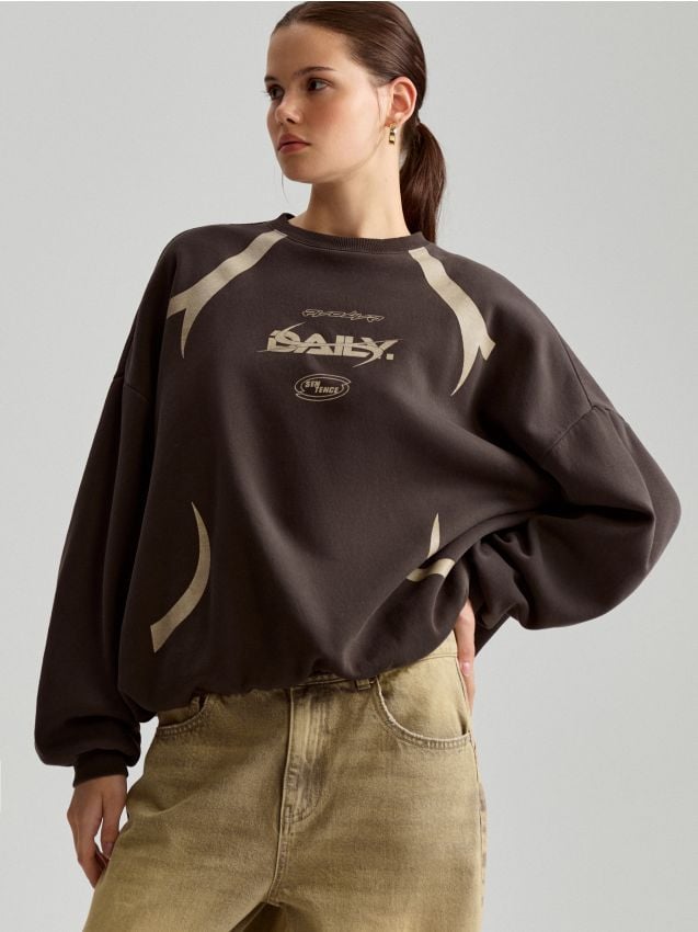 Grafitowa bluza crewneck oversize z nadrukiem Daily - HOUSE